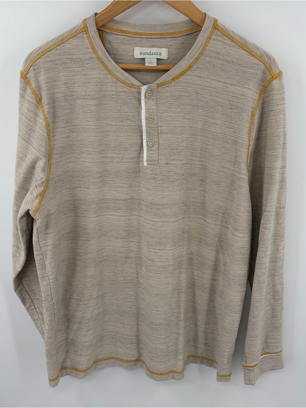 Sundance long sleeve beige gray Henley shirt men’s L preppy